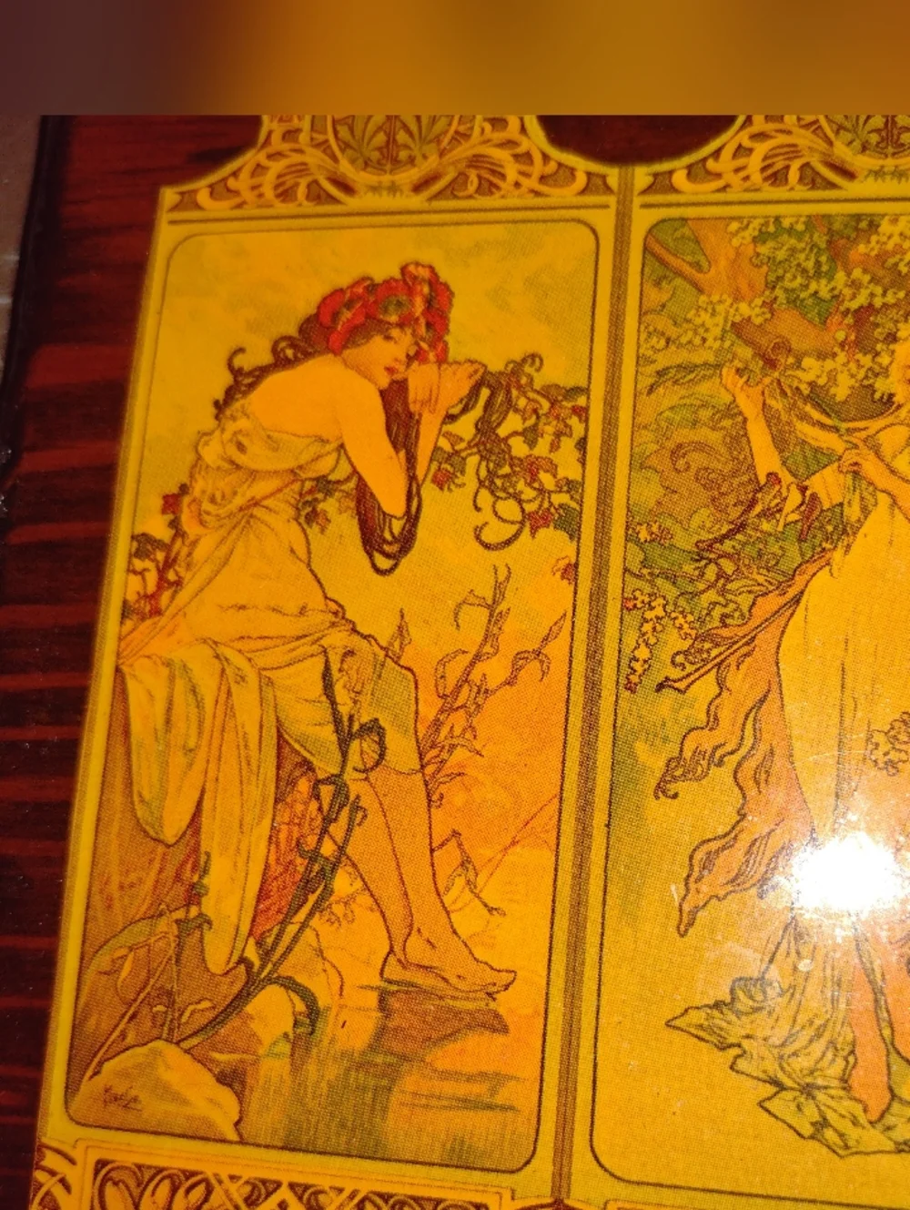 Vintage Art Nouveau Wooden Mirror with Four Seasons Panels, Handmade - Picture 7 of 11